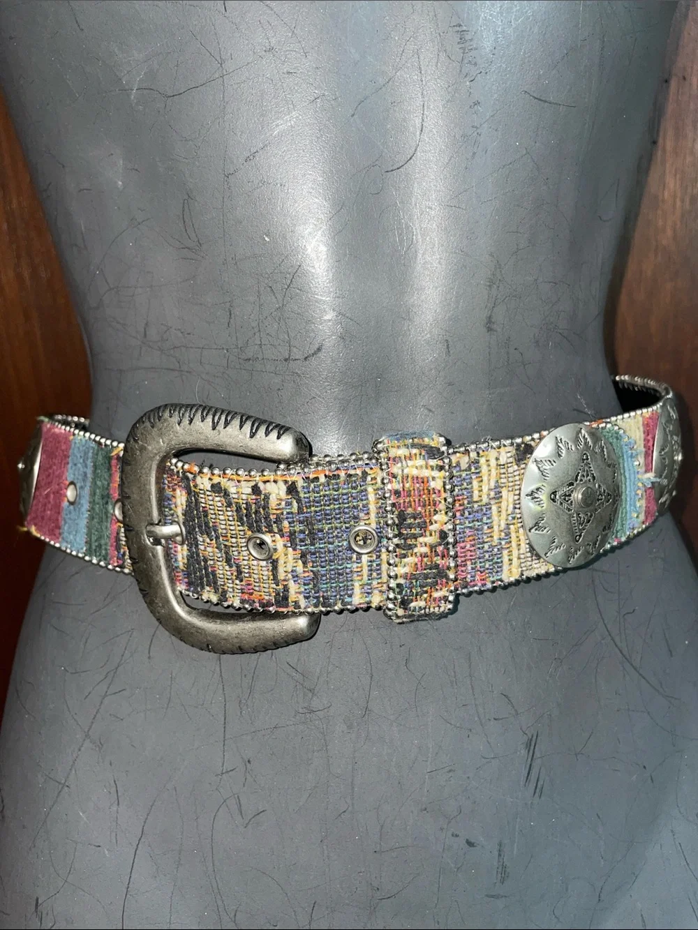 Silver Concho and Jacquard fabric belt